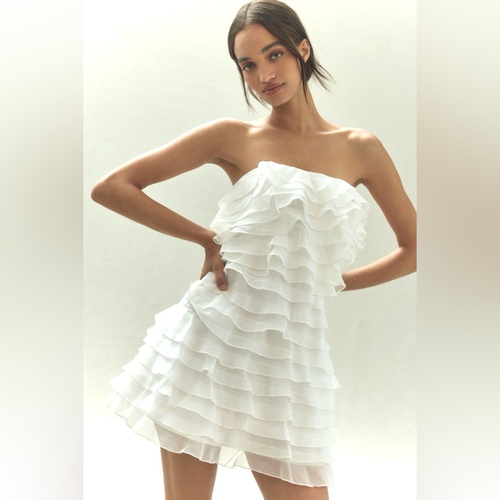 BHLDN Anthropologie Strapless A-Line Ruffled Mini Dress Size 10 White